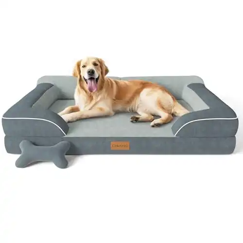 CWAWZ Extra Large Dog Bed, Orthopedic Dog Bed with Cooling Gel Memory Foam, Waterproof XL Dog Bed with Removable Washable Cover, 42" Dog Sofa Couch Dutch Velvet with Bone Toy, Dark Gray