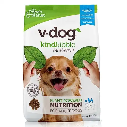 V-dog Vegan Mini Kibble Dry Dog Food (4.5 LB) Small Breed Dogs | Plant-Based Protein with Added Taurine for Sensitive Stomach and Skin | All Natural Made in US