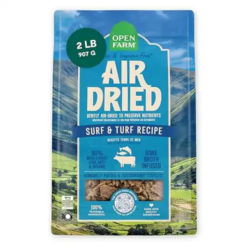 Open Farm, Air Dried Dog Food Infused with Bone Broth, Grain & Legume Free, Complete Meal or Food Topper, Surf & Turf Recipe, 2lb Bag