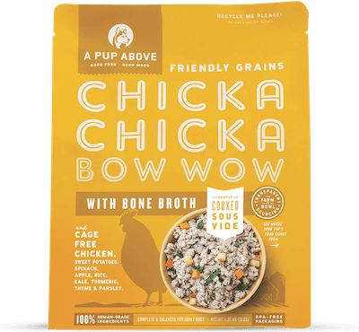 a pup above fresh chicken