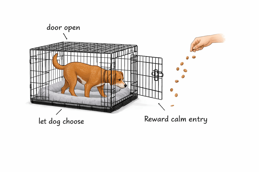 Dog exploring crate with treats inside