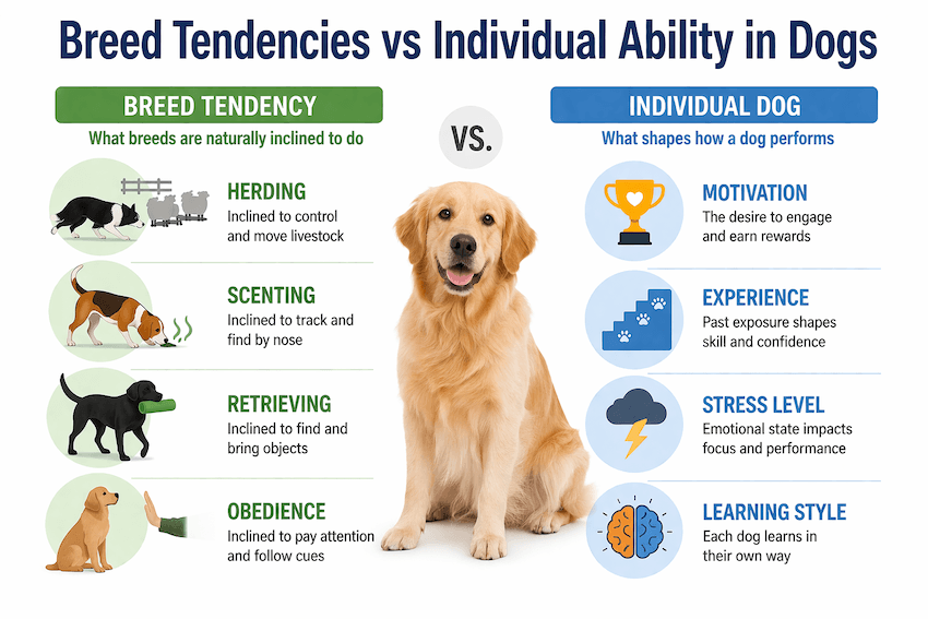 Breed tendencies vs individual ability in dogs
