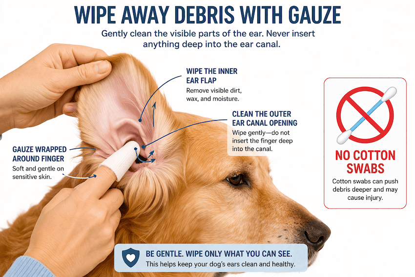 wipe away debris with gauze