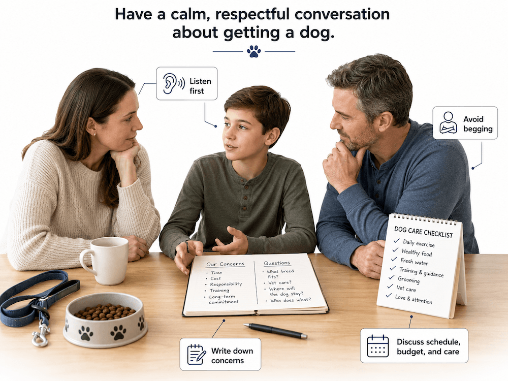 Respectful family discussion about getting a dog