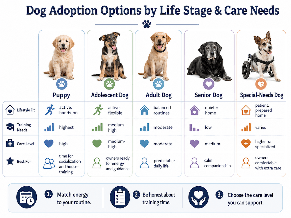 Dog adoption by life stage and care