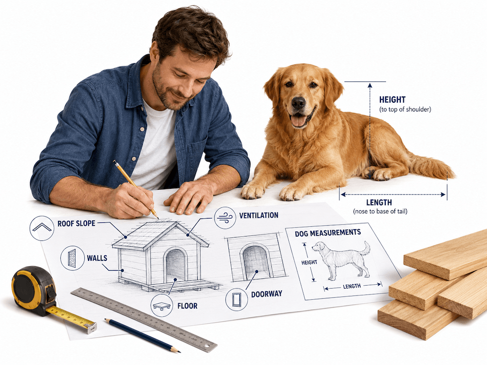 DIY dog house planning with tools