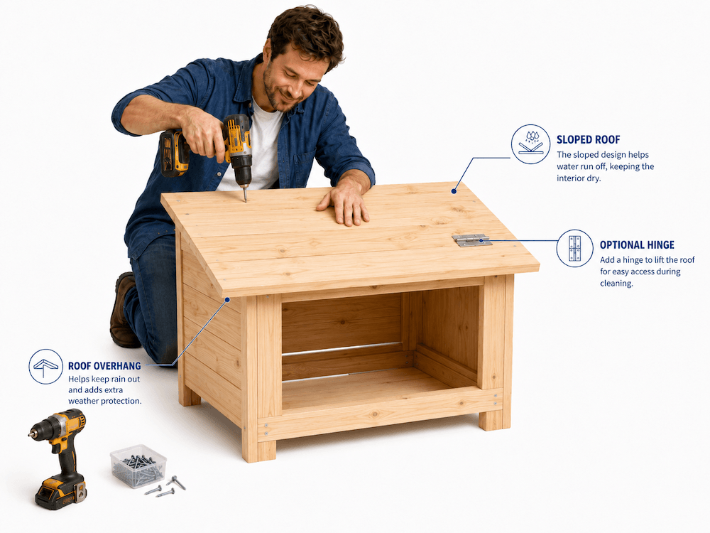 Assembling a sloped roof doghouse