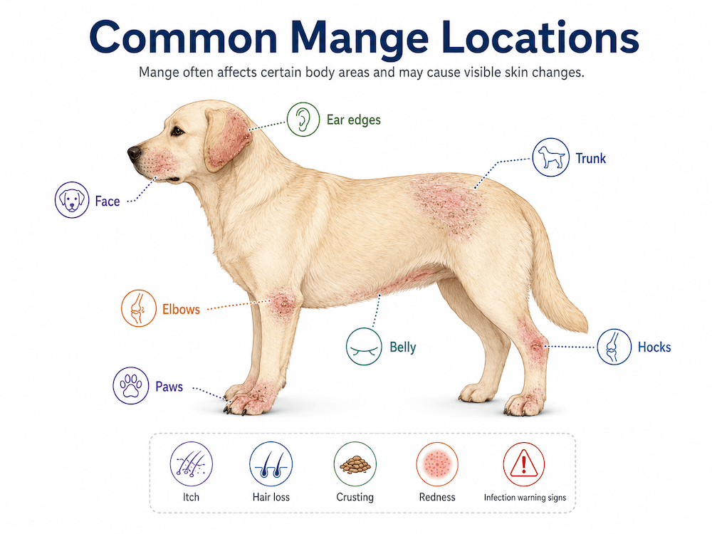Common mange locations on a dog