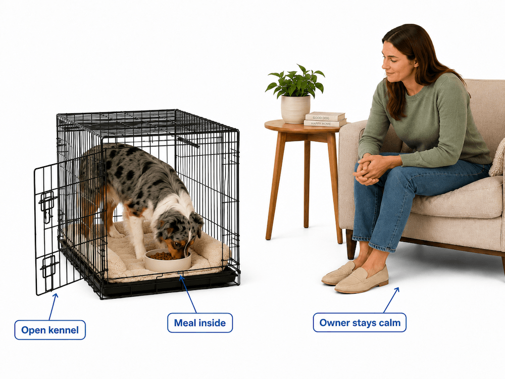 Instructional kennel training setup with owner