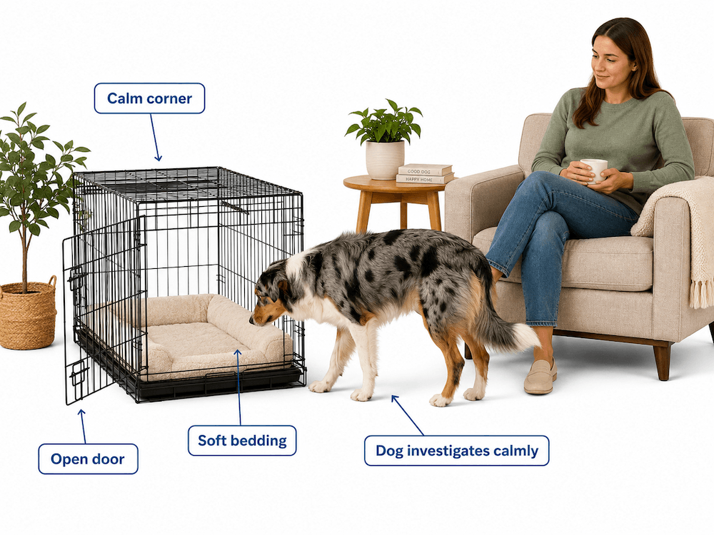 Calm living room with dog kennel