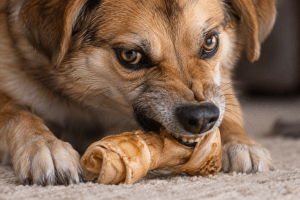 Dog displaying resource guarding behavior around a valued item