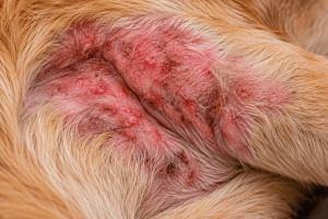 Dog with atopic dermatitis, a chronic allergic skin condition that causes itching and inflammation