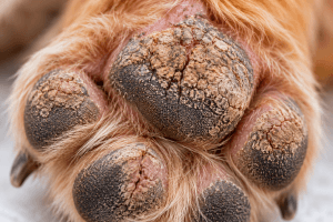 Hyperkeratosis in dogs showing thickened skin on the nose or paw pads