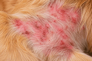 Dog showing signs of skin allergies and irritation