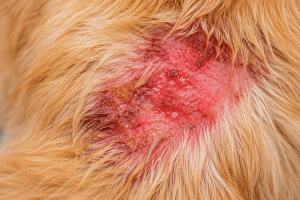 Dog with a hot spot, an inflamed area of irritated skin