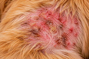 Dog showing signs of a skin infection, including irritated and inflamed skin